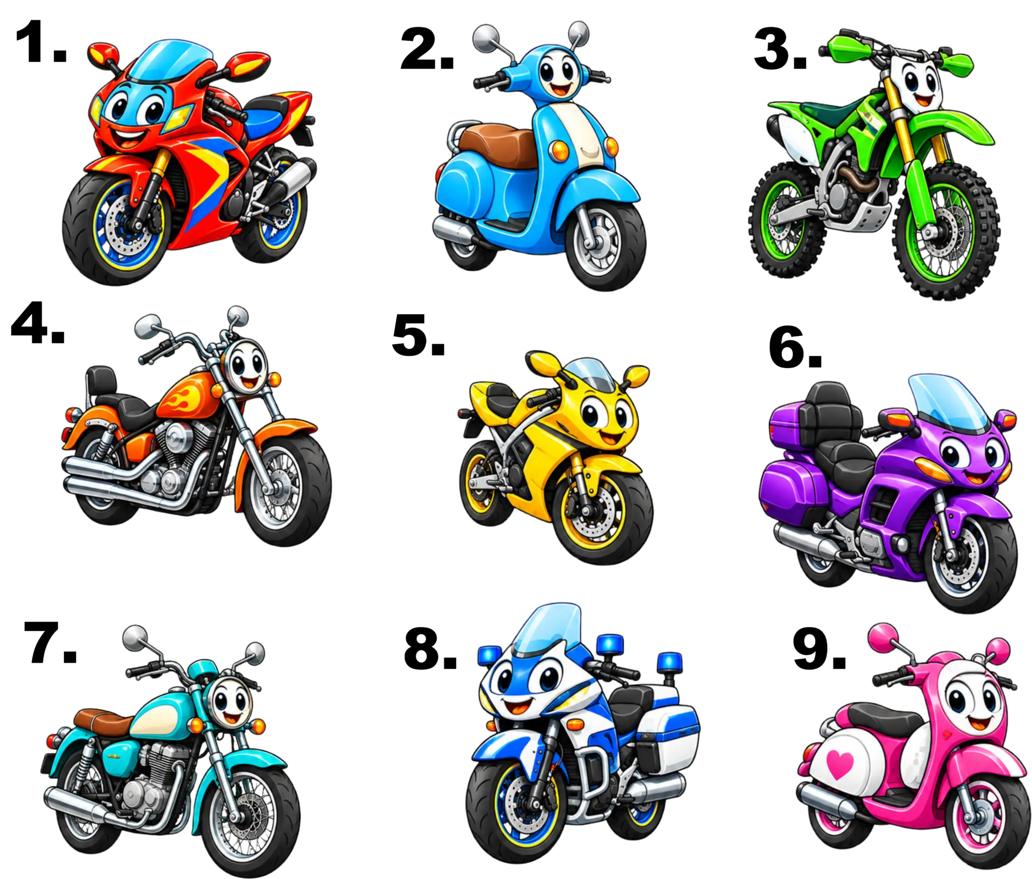 Dětské motorky a skútry – motivy 1 až 9