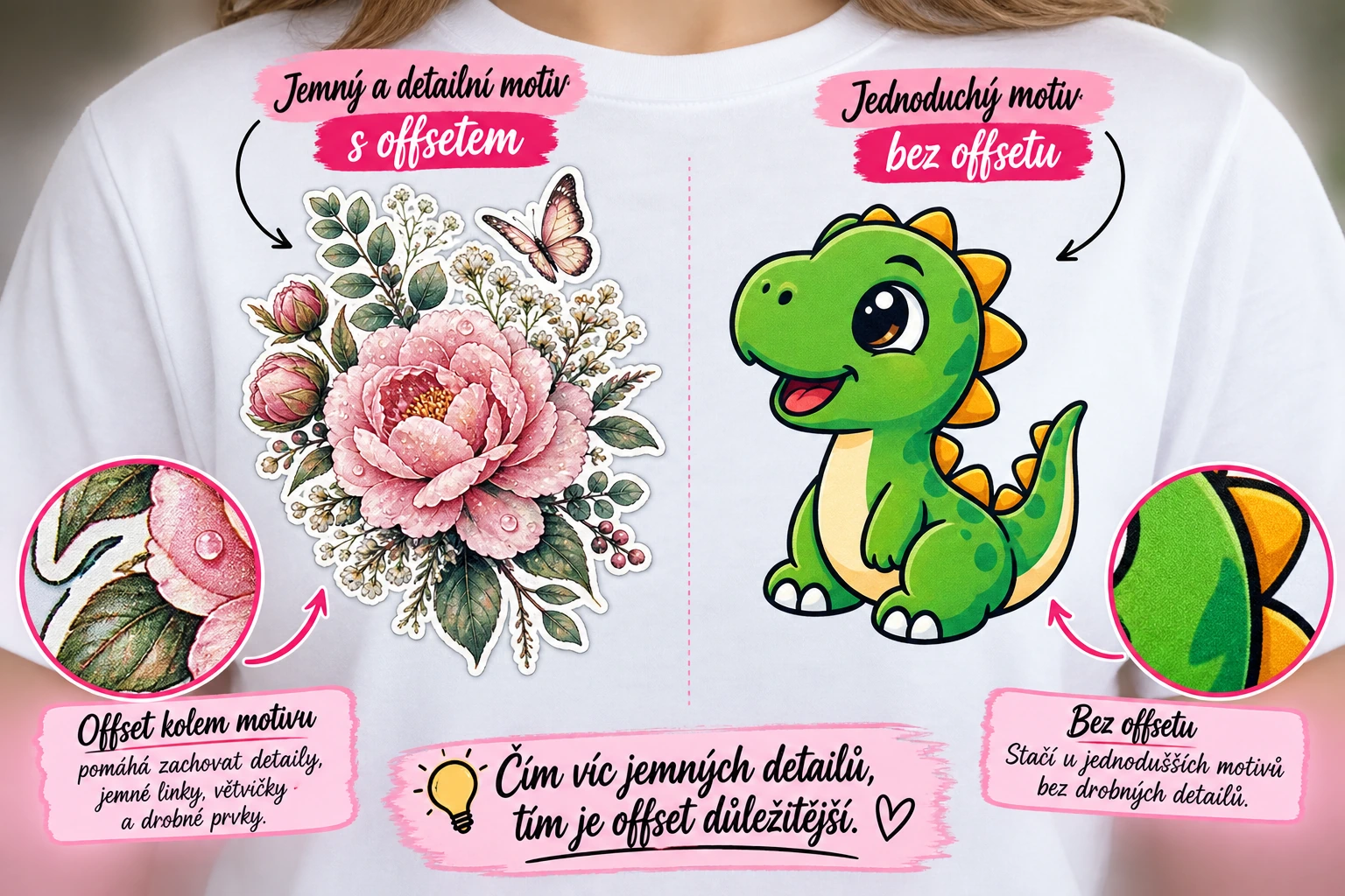 Ukázka jemného motivu s offsetem a jednoduchého motivu bez offsetu